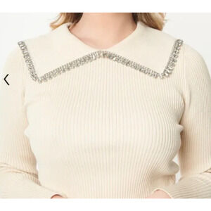 LUSH SZ S Cream Rhinestone Collar Ribbed Long Sleeve Pullover Sweater NWT B128